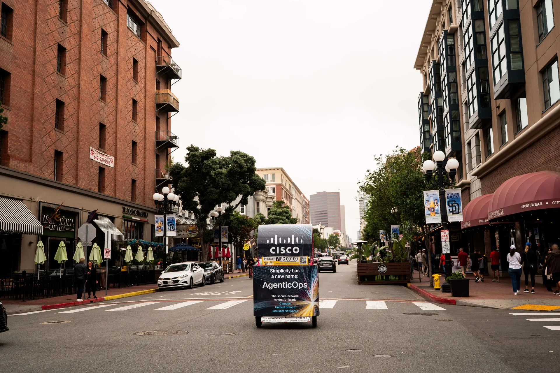 Cisco AgenticOps pedicab advertising in Downtown San Diego