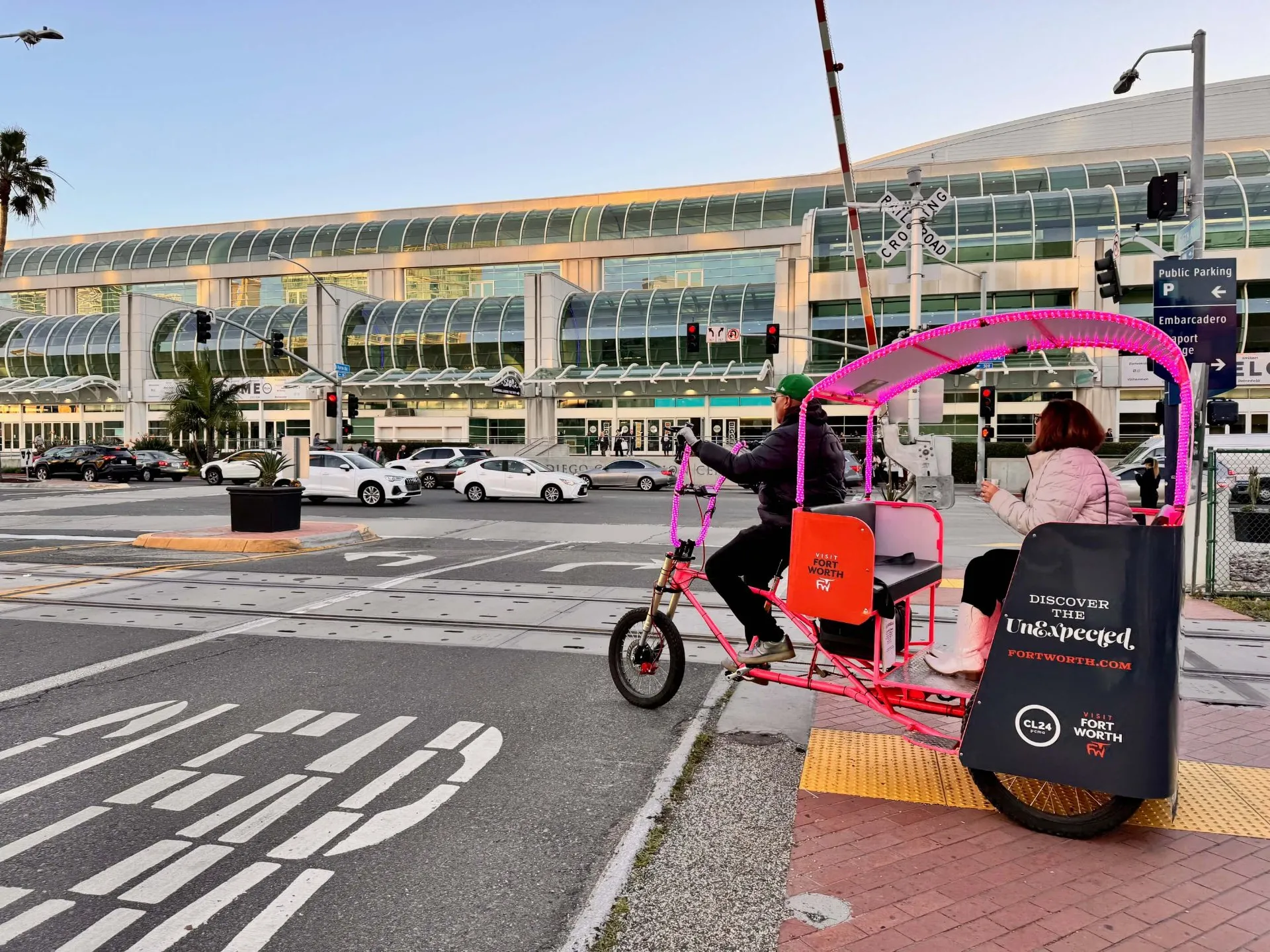 Visit Fort Worth pedicab near San Diego Convention Center at sunset