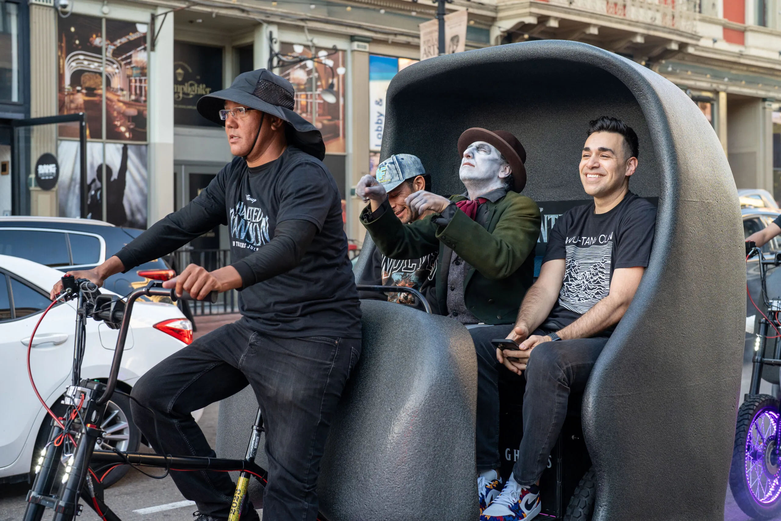 Haunted Mansion pedicab fleet providing free rides in San Diego Gaslamp Quarter during Comic-Con