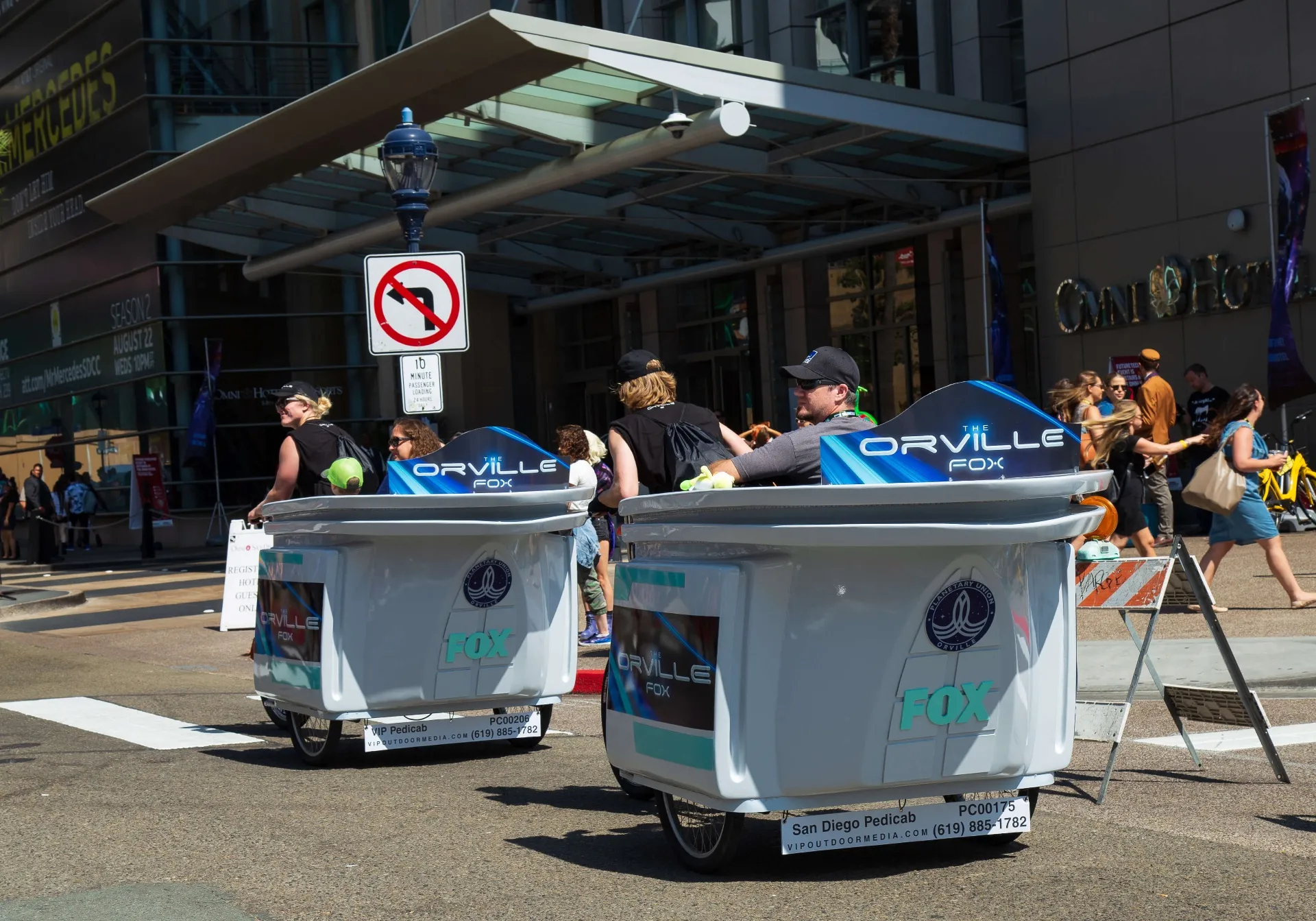 Fleet of The Orville FOX pedicabs cruising San Diego streets during Comic-Con