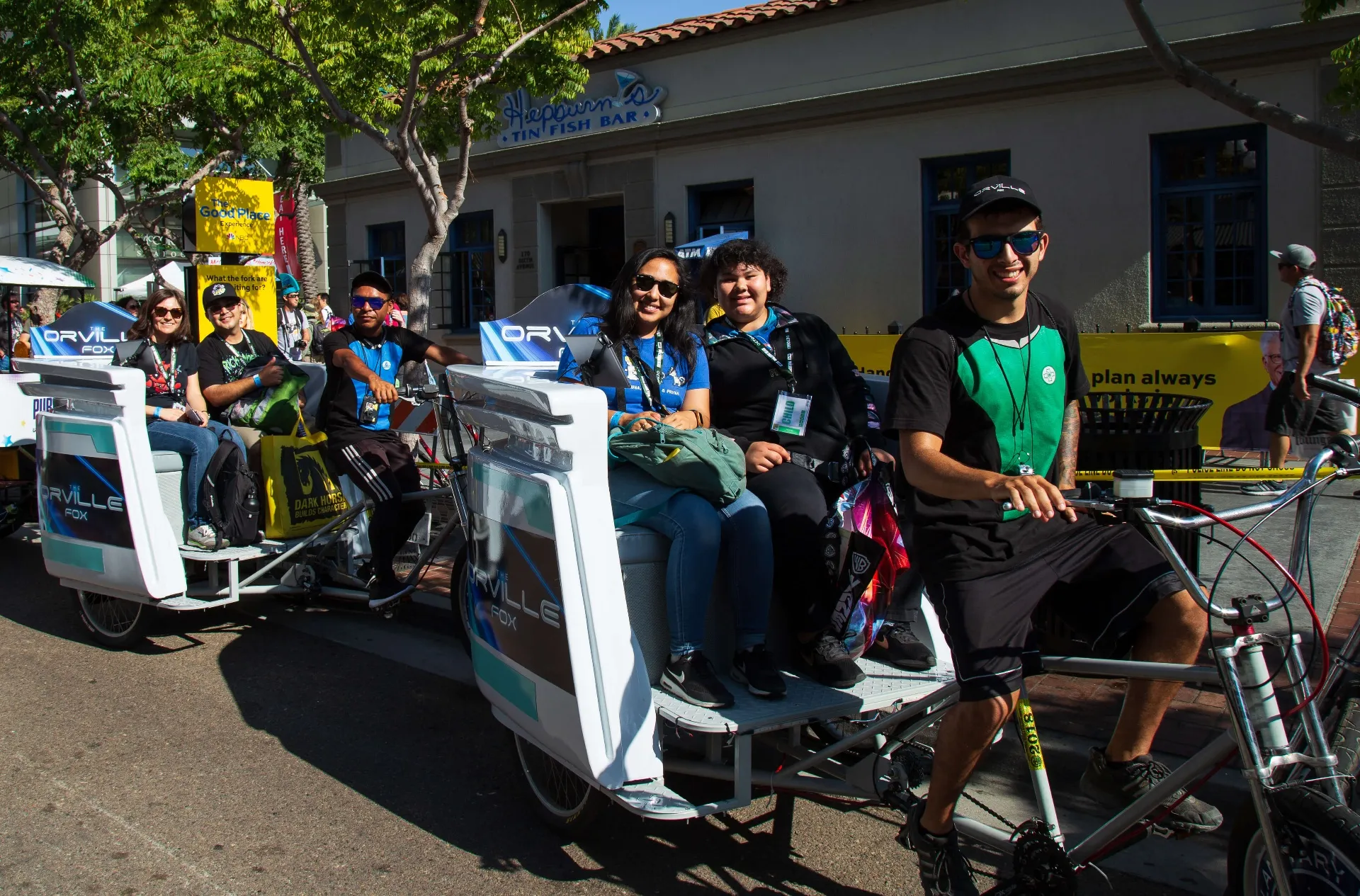 Comic-Con attendees riding The Orville FOX pedicab fleet in Gaslamp