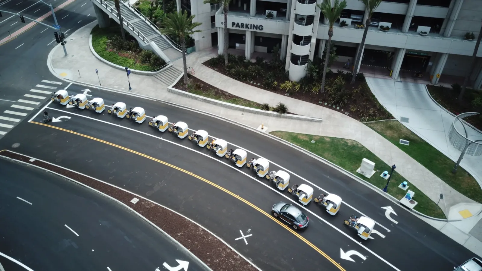 Aerial view of the VIP Pedicab fleet lined up in downtown San Diego